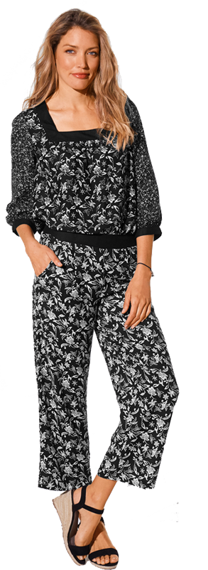 Blouse noire et blanche col carré imprimée  manches 3/4 pas cher - Blancheporte   