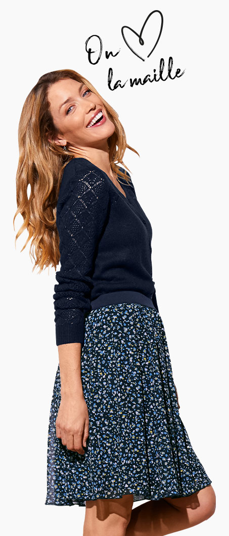 Cardigan femme bleu marine maille ajourée col rond manches longues pas cher - Blancheporte         