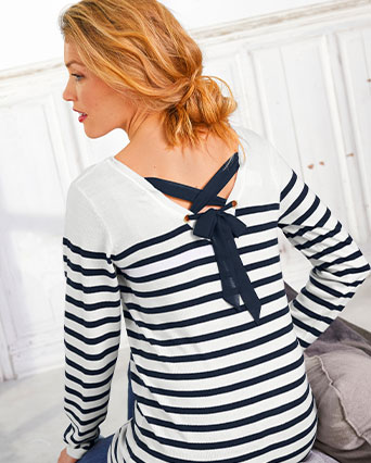 Pull femme rayé marinière bleu et blanc lacet au dos manches longues pas cher - Blancheporte