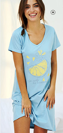 Chemise de nuit bleue courte imprimée col V manches courtes éco-responsable coton bio Oeko-Tex® pas cher - Blancheporte