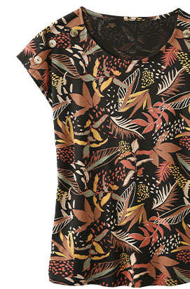 Tee-shirt noir manches courtes imprimé tropical col rond - pas cher - Blancheporte