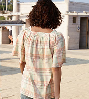 Blouse verte ample col carré à carreaux manche courtes en coton - pas cher - Blancheporte