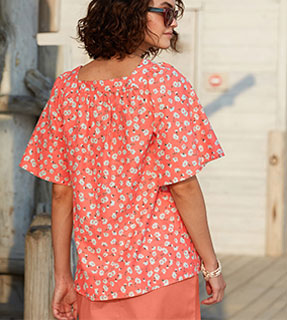 Blouse orange ample fleurie col carré manches courtes en coton - pas cher - Blancheporte