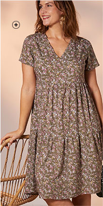 Robe mi-longue marron volantée imprimée fleuris col V manches courtes grande taille Isabella® pas cher - Blancheporte