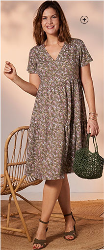 Robe mi-longue marron volantée imprimée fleuris col V manches courtes grande taille Isabella® pas cher - Blancheporte