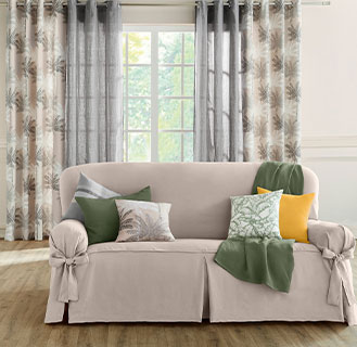 Rideau salon beige et gris imprimé palmiers à oeillets coton Oeko-Tex® pas cher - Blancheporte