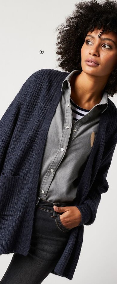 Gilet long femme en maille anglaise toucher mohair bleu marine pas cher | Blancheporte